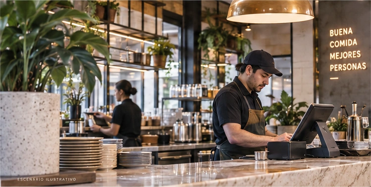 Restaurante con una persona utilizando un terminal de punto de venta junto a la barra.