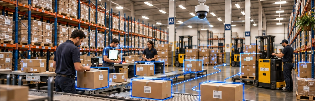 Almacén con cámaras, estaciones de empaque y anotaciones de visión artificial sobre paquetes y zonas de trabajo.
